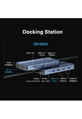 Док-станція 14-in-1 Acasis DS-0202 з HDMI 4K@60Hz, Ethernet та зарядкою 100Вт (Сірий)