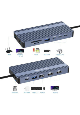 Док-станція 14-in-1 Acasis DS-0202 з HDMI 4K@60Hz, Ethernet та зарядкою 100Вт (Сірий)
