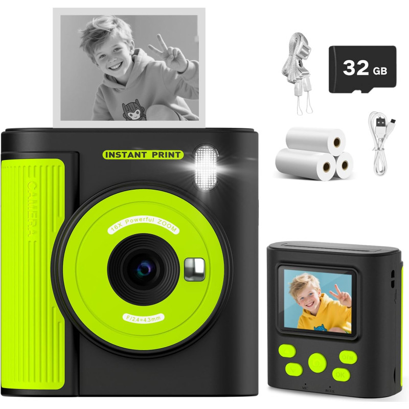 Дитячий фотоапарат Instant Print Camera P99 з миттєвим термодруком (Чорно-зелений)