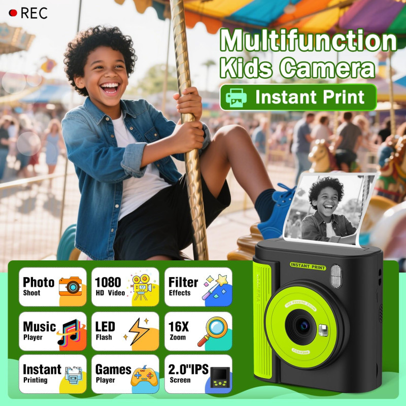 Дитячий фотоапарат Instant Print Camera P99 з миттєвим термодруком (Чорно-зелений)
