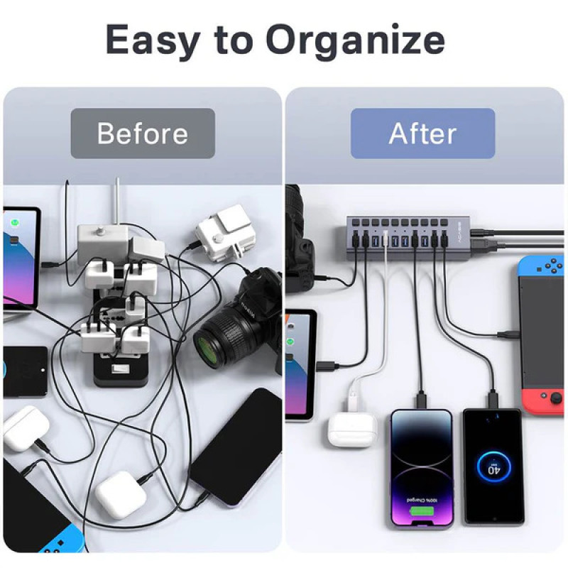 USB hub Acasis HB1602A 10 портів USB 3.1 з окремими перемикачами (Сірий)