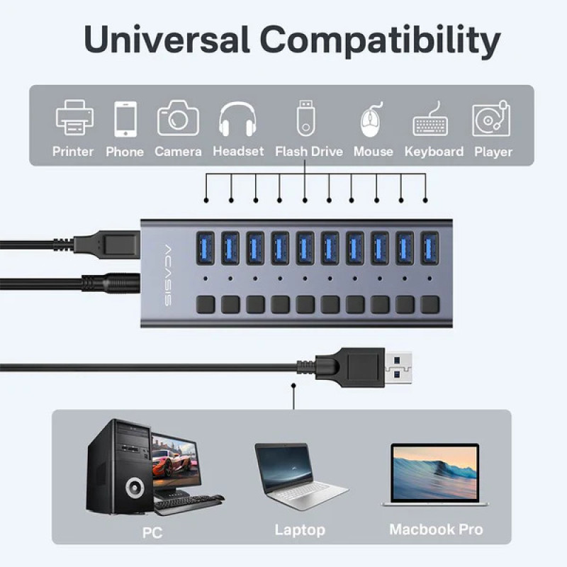 USB hub Acasis HB1602A 10 портів USB 3.1 з окремими перемикачами (Сірий)