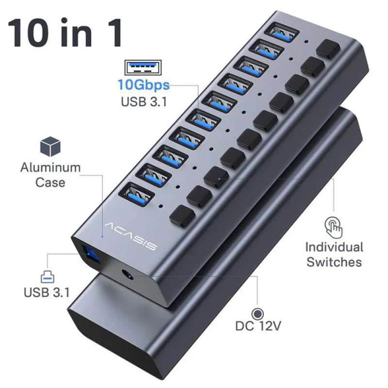 USB hub Acasis HB1602A 10 портів USB 3.1 з окремими перемикачами (Сірий)