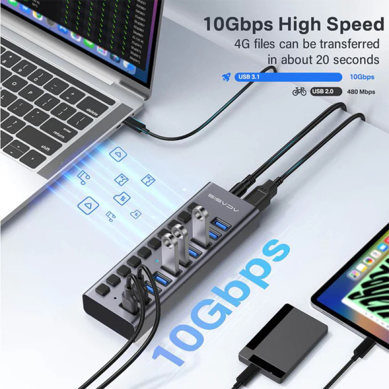USB hub Acasis HB1602A 10 портів USB 3.1 з окремими перемикачами (Сірий)