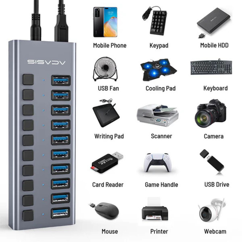 USB hub Acasis HB1602A 10 портів USB 3.1 з окремими перемикачами (Сірий)