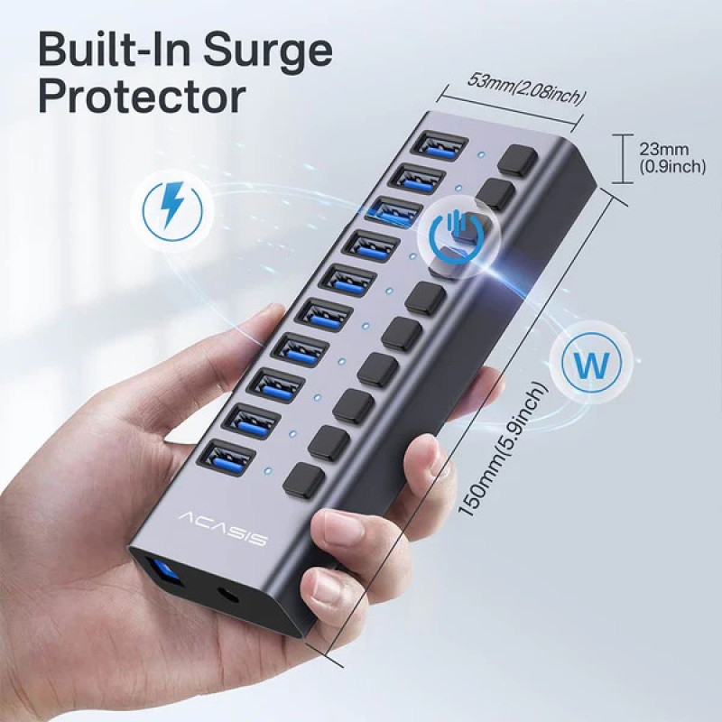USB hub Acasis HB1602A 10 портів USB 3.1 з окремими перемикачами (Сірий)