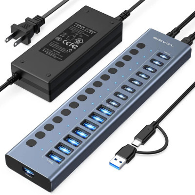 USB hub Acasis HB16 Pro на 16 портів — 8 USB-A та 8 USB-C USB 3.2 з живленням 96W (Сірий)