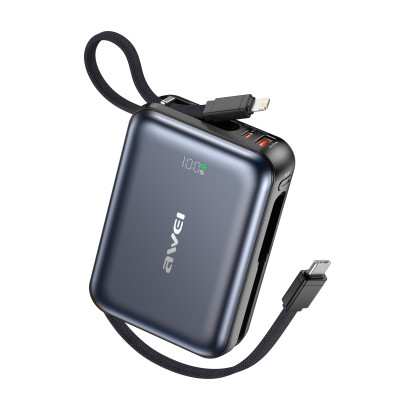 Power Bank Awei C03 20000mAh 45W зі швидкою зарядкою та вбудованими кабелями Type-C/Lightning (Чорний)