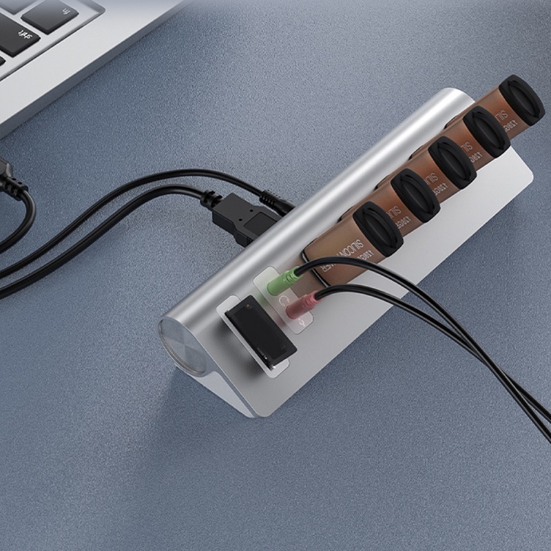 USB hub Acasis USB-7U 3.5 мм на 5 портів USB 3.0 з аудіо адаптером та картридером (Сріблястий)