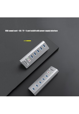 USB hub Acasis USB-7U 3.5 мм на 5 портів USB 3.0 з аудіо адаптером та картридером (Сріблястий)