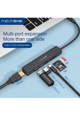 USB hub Acasis CM069 з роз'ємом type-C та підтримкою швидкої зарядки 60W (Чорний)