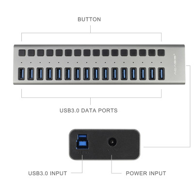 USB hub Acasis H716 із блоком живлення (Сріблястий)