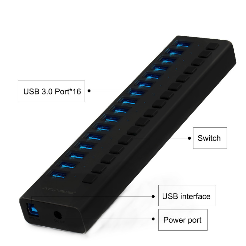 USB hub Acasis H716PB з блоком живлення (Чорний)