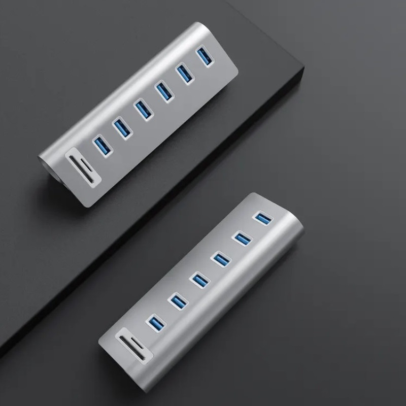 USB hub Acasis USB-7U на 6 портів USB 3.0 з картрідером (Сріблястий)