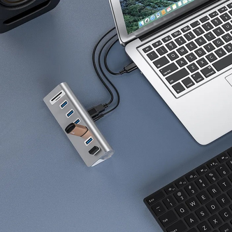 USB hub Acasis USB-7U на 6 портів USB 3.0 з картрідером (Сріблястий)