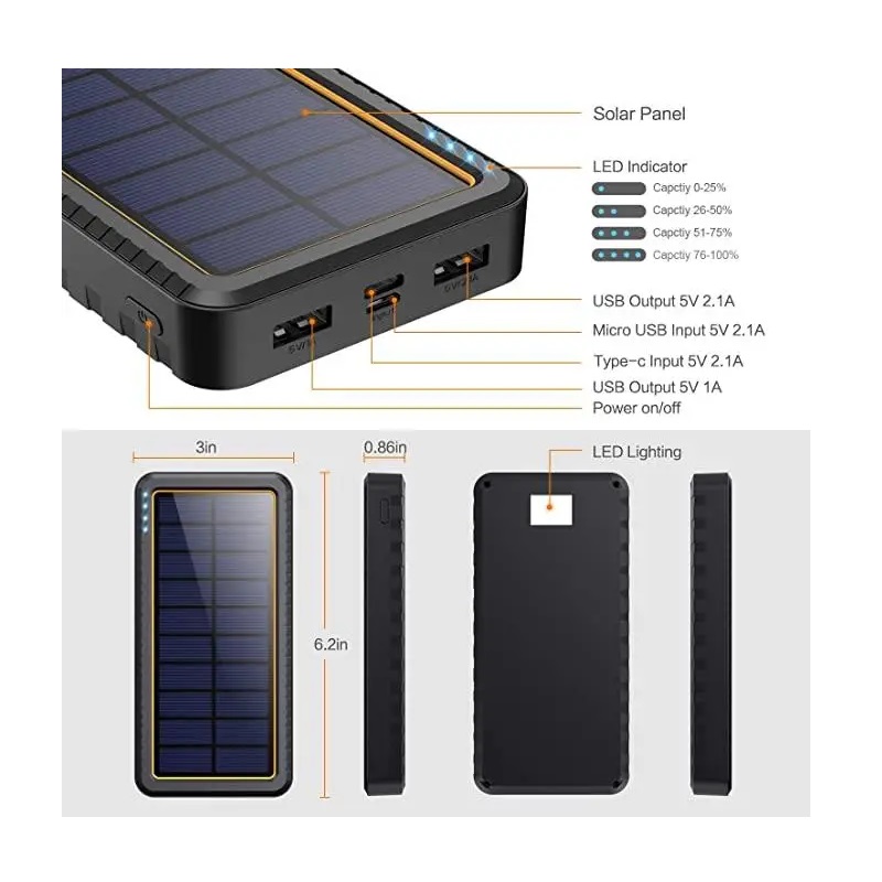 Портативна батарея Solar Power Bank 26800mAh HX160S6 із сонячною панеллю (Чорний)