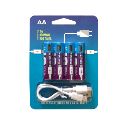 Акумуляторні батареї АА 1300Mah 1.5V з зарядкою Micro USB, 4 штуки (Фіолетовий)