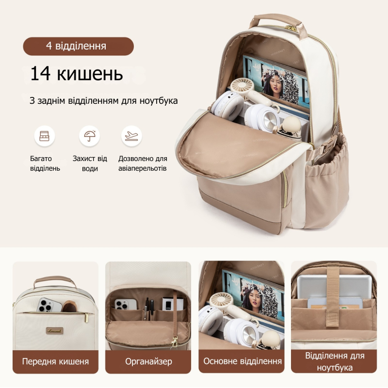 Жіночий рюкзак для ноутбука 15.6” Lovevook з EVA та захистом від вологи (Бежевий)