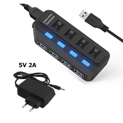Хаб USB Lapara 4 порта USB 3.0 с 4-мя выключателеми ON/OFF для каждого порта, с БП 2А/5В, черный