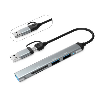 Хаб Dynamode USB Type-C/Type-A to 1х USB3.0, 2x USB 2.0, кардрідер SD/MicroSD, метал, темно-сірий