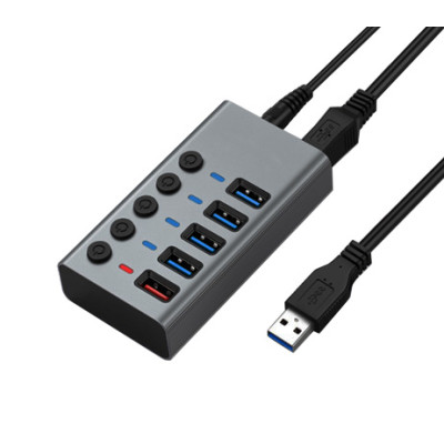 Хаб USB Dynamode 5 портів USB 3.0 -4*USB3.0 передача даних +1*2,4А зарядка, БЖ 2.5А/12В, метал сірий