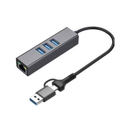 Адаптер Dynamode USB 3.0 Type-C/Type-A - RJ45 Gigabit Lan, 3*USB 3.0-порти, з каб.13 см, темно-сірий