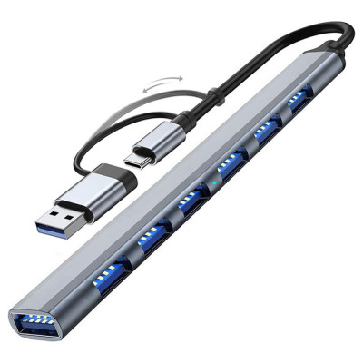 Хаб Dynamode USB Type-C/Type-A to 1х USB3.0, 6x USB 2.0, метал, темно-сірий