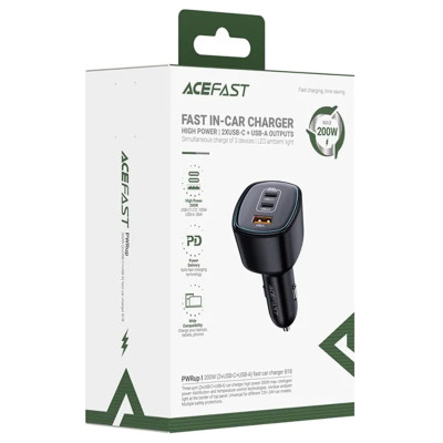 АЗП Acefast B18 PD100W+QC3.0 total 200W (1USB-A/2C) Black АЗП Acefast B18 PD100W+QC3.0 total 200W (1USB-A/2C) Black