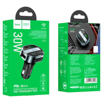 АЗП FM модулятор Hoco E70 PD30W+QC3.0 (1USB-A/1C) Чорний