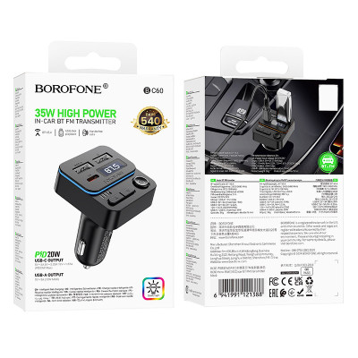 АЗП FM модулятор Borofone BC60 Hero 35W (2USB-A/1C) Black