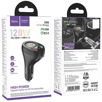 АЗП FM модулятор Hoco E88 Star cigarette lighter+PD20W+QC3.0 total 120W (2USB-C) Black АЗП FM модулятор Hoco E88 Star cigarette lighter+PD20W+QC3.0 total 120W (2USB-C) Black