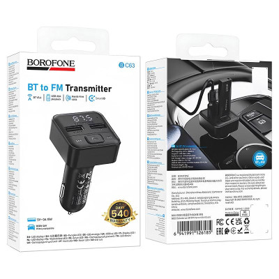 АЗП FM модулятор Borofone BC63 Selecto QC3.0 (2USB-A) Black