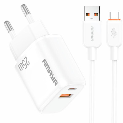 МЗП Amaya E231D PD25W+QC3.0 (1USB-A/1C) + кабель USB to Type-C White