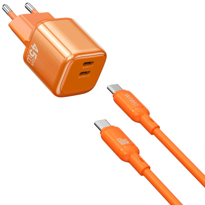 МЗП WIWU G025 Cube PD45W (2USB-C) + кабель Type-C to Type-C Orange