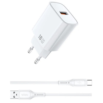 МЗП WIWU G006 Essen QC3.0 18W GaN (1USB-A) + кабель USB to Type-C White