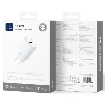 МЗП WIWU G006 Essen QC3.0 18W GaN (1USB-A) + кабель USB to Lightning White МЗП WIWU G006 Essen QC3.0 18W GaN (1USB-A) + кабель USB to Lightning White