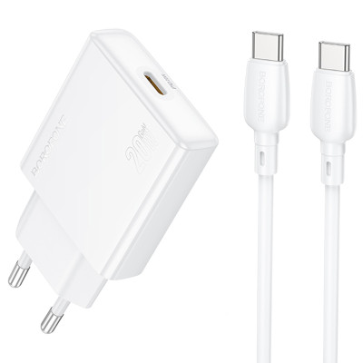 МЗП Borofone BN23 Wish PD20W (1USB-C) + кабель Type-C to Type-C White