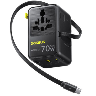Мережевий універсальний перехідник Baseus CG11 70W with retractable cable (2USB-A/3C/1Socket) (E0307E) Cosmic Black