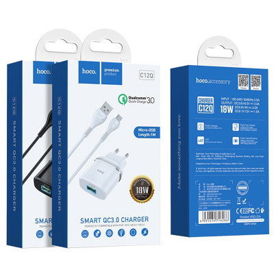 МЗП Hoco C12Q Smart QC3.0 3A (1USB-A) + кабель USB to MicroUSB Чорний