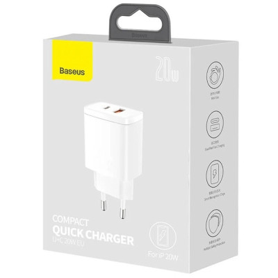 МЗП Baseus Compact Quick Charger 20W QC+PD (1USB-A/1C) (CCXJ-B) White МЗП Baseus Compact Quick Charger 20W QC+PD (1USB-A/1C) (CCXJ-B) White