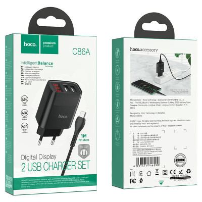МЗП Hoco C86A Balance 2.4A (2USB-A) + кабель USB to MicroUSB Чорний
