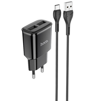 МЗП Hoco C88A Star round 2.4A (2USB-A) + кабель USB to Type-C Чорний