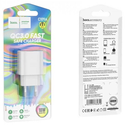 МЗП Hoco C109A Fighter QC3.0 18W (1USB-A) White МЗП Hoco C109A Fighter QC3.0 18W (1USB-A) White