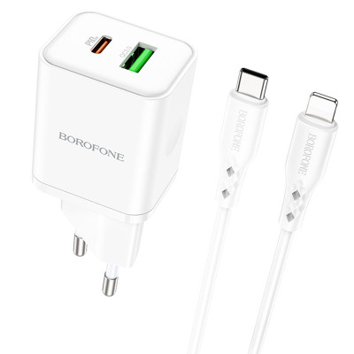 МЗП Borofone BN7 PD20W+QC3.0 (1USB-A/1C) + кабель Type-C to Lightning White