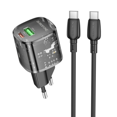 МЗП Borofone BN17 Sunlight PD20W+QC3.0 (1USB-A/1C) + кабель Type-C to Type-C Transparent black