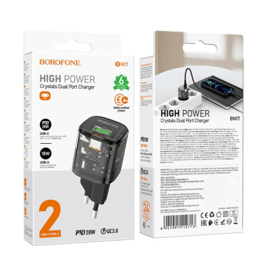 МЗП Borofone BN17 Sunlight PD20W+QC3.0 (1USB-A/1C) Transparent black