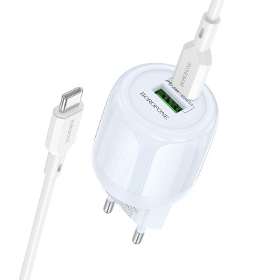 МЗП Borofone BA93A Lustrous PD20W+QC3.0 (1USB-A/1C) + кабель Type-C to Type-C Blue