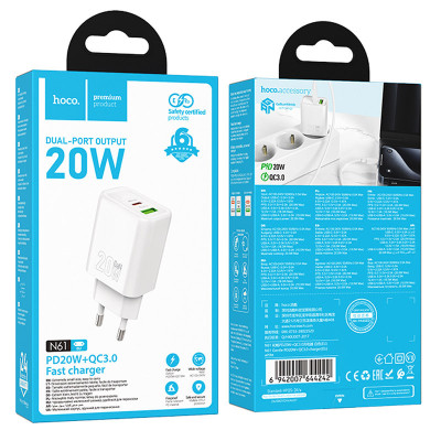 МЗП Hoco N61 Gentle PD20W+QC3.0 (1USB-A/1C) White