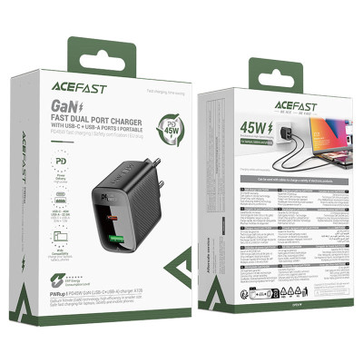 МЗП Acefast A106 GaN PD45W (1USB-A/1C) Black МЗП Acefast A106 GaN PD45W (1USB-A/1C) Black