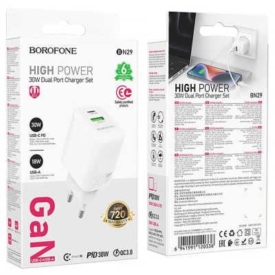МЗП Borofone BN29 Fuente PD30W+QC3.0 (1USB-A/1C) White